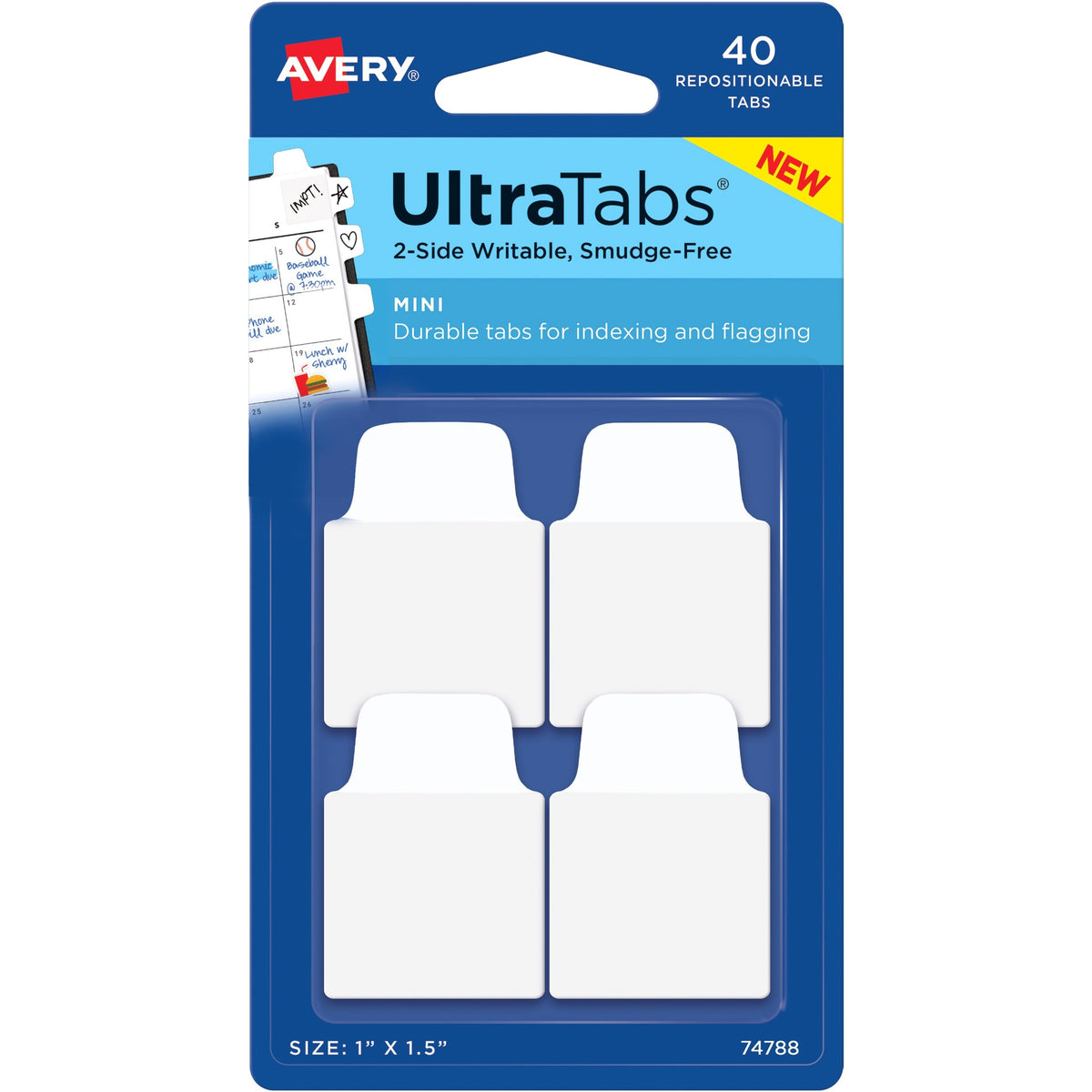 Avery®  Ultra Tabs Repositionable Mini Tabs - 40 Tab(s) - 10 Tab(s)/Set - Clear Film, White Paper Tab(s) - 40 / Pack