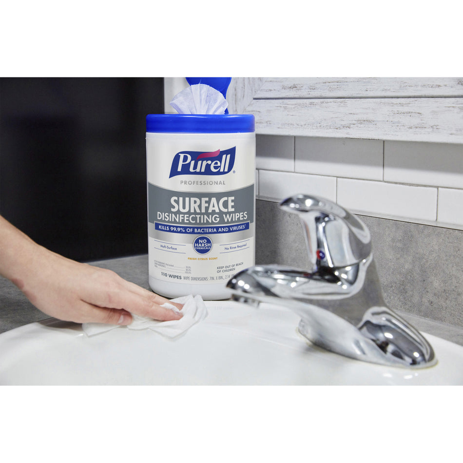 PURELL® Professional Surface Disinfecting Wipes - Ready-To-Use - Fresh Citrus Scent - 8" Length x 7" Width - 110 / Canister - 1 Each - Disinfectant, Odor-free, Rinse-free, Durable, Chemical-free