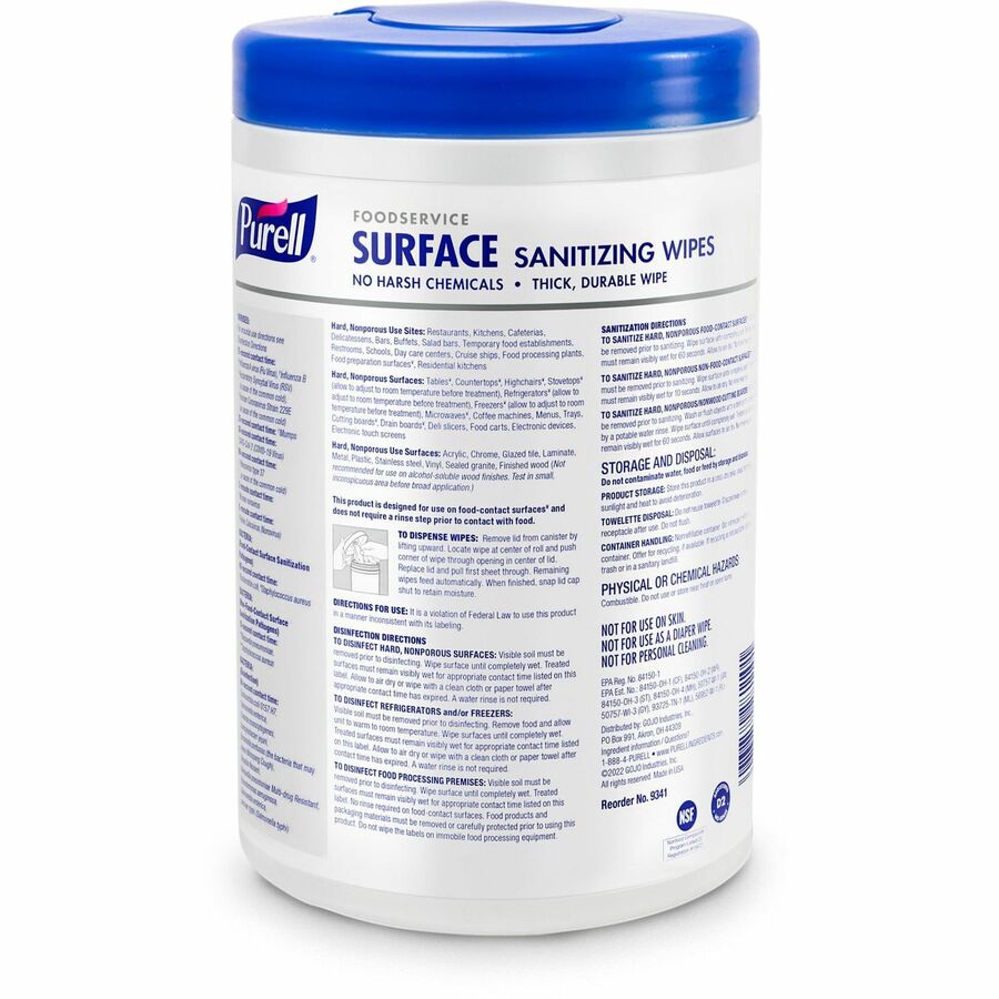 PURELL® Foodservice Surface Sanitizing Wipes - Ready-To-Use - 10" Length x 7" Width - 110 / Canister - 1 Each - Rinse-free, Fragrance-free, Durable