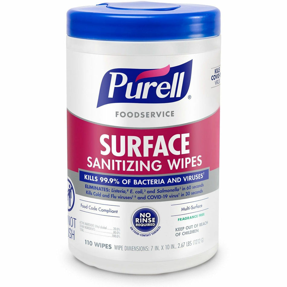 PURELL® Foodservice Surface Sanitizing Wipes - Ready-To-Use - 10" Length x 7" Width - 110 / Canister - 1 Each - Rinse-free, Fragrance-free, Durable