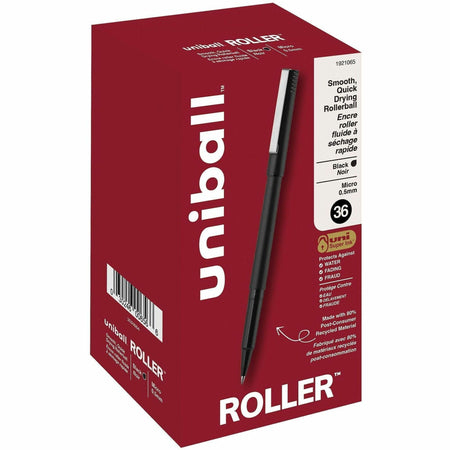 uniball&#8482; Roller Rollerball Pen - 0.5 mm Micro Pen Point - Black Ink - Liquid - Black Barrel - 36 / Pack