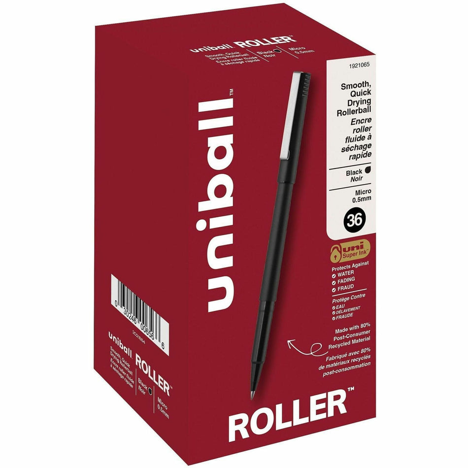 uniball&#8482; Roller Rollerball Pen - 0.5 mm Micro Pen Point - Black Ink - Liquid - Black Barrel - 36 / Pack