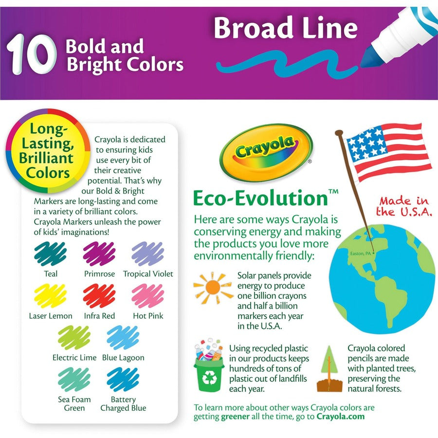 Crayola Bright/Bold Broad Line Markers - Broad Conical Marker Point - Multicolor Ink - 10 / Pack