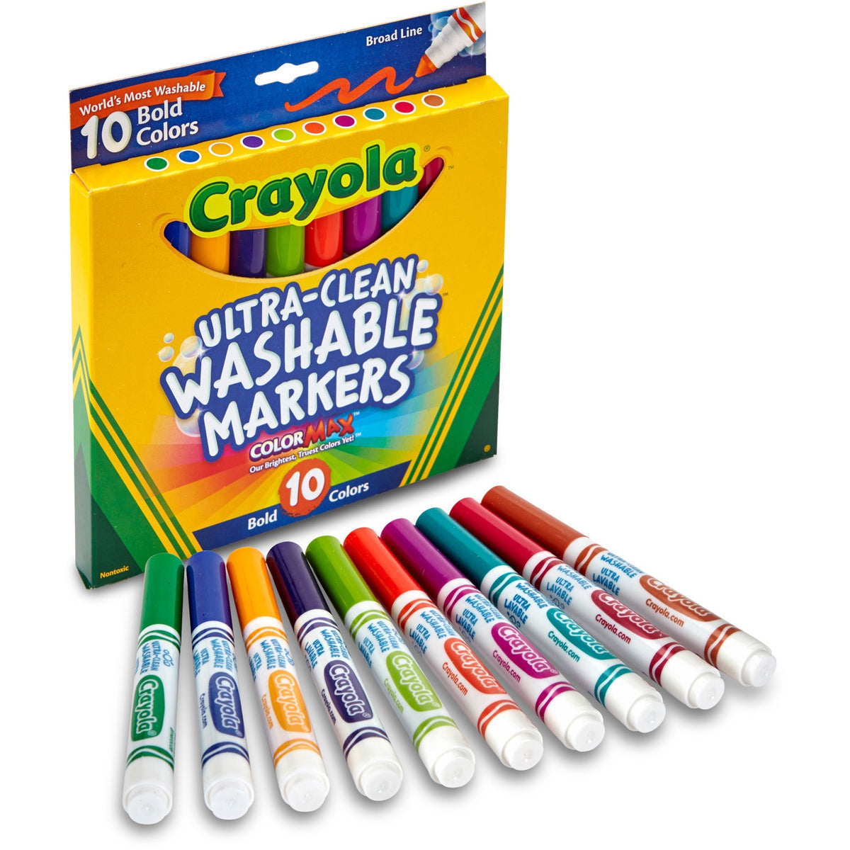 Crayola Bold Colors Washable Markers - Broad Conical Marker Point - Washable - Plum, Golden Yellow, Primrose, Azure, Copper, Emerald, Teal, Raspberry, Kiwi, Pumpkin Ink - 10 / Pack