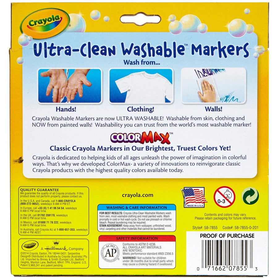 Crayola Ultra-Clean Washable Markers - Broad Conical Marker Point - Washable - Assorted Ink - Water Based - Assorted Barrel - 10 / Pack