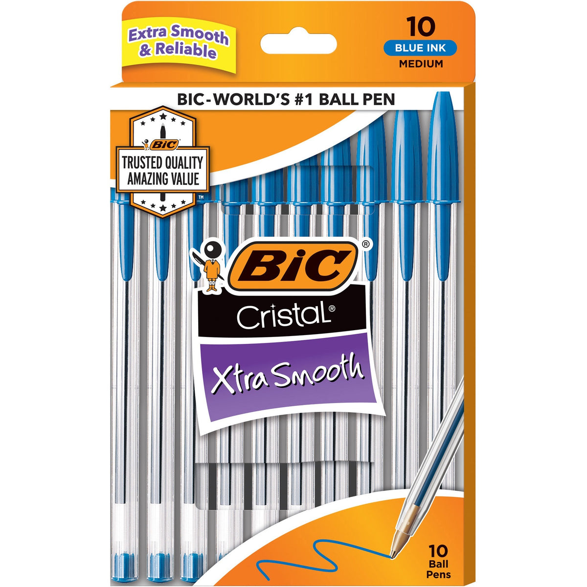 BIC Cristal Ballpoint Stick Pens - Medium Pen Point - Blue Ink - Clear Barrel - 10 / Pack