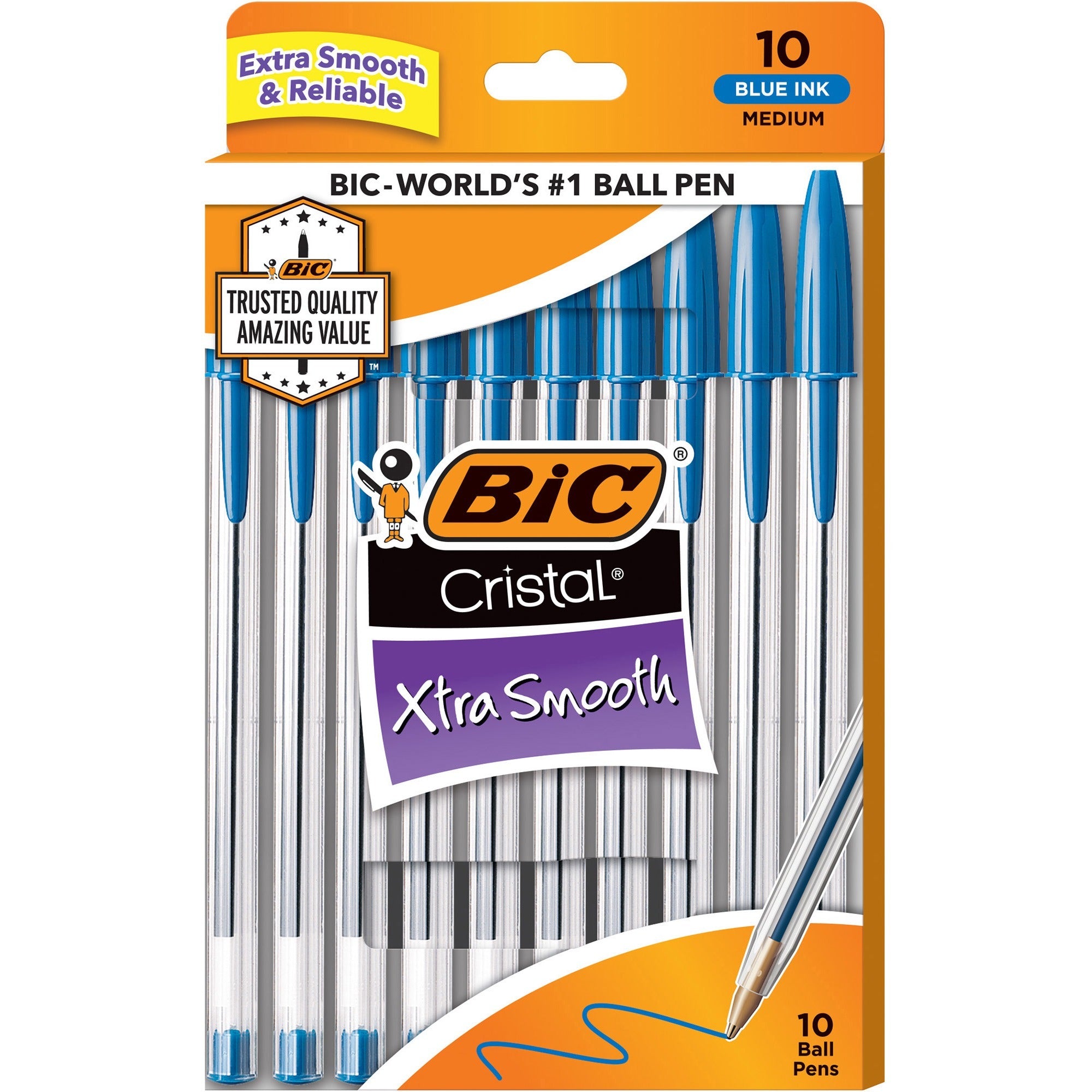 BIC Cristal Ballpoint Stick Pens - Medium Pen Point - Blue Ink - Clear Barrel - 10 / Pack