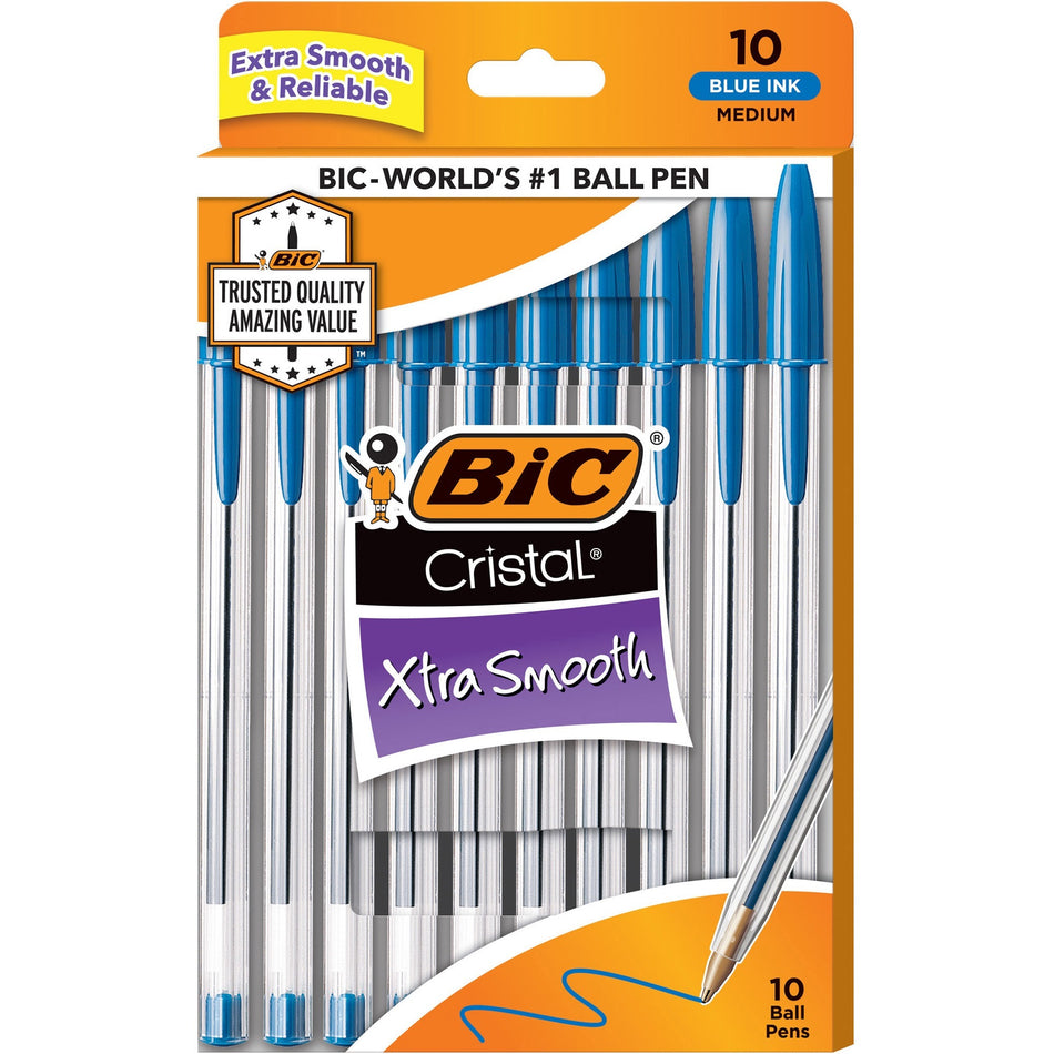 BIC Cristal Ballpoint Stick Pens - Medium Pen Point - Blue Ink - Clear Barrel - 10 / Pack
