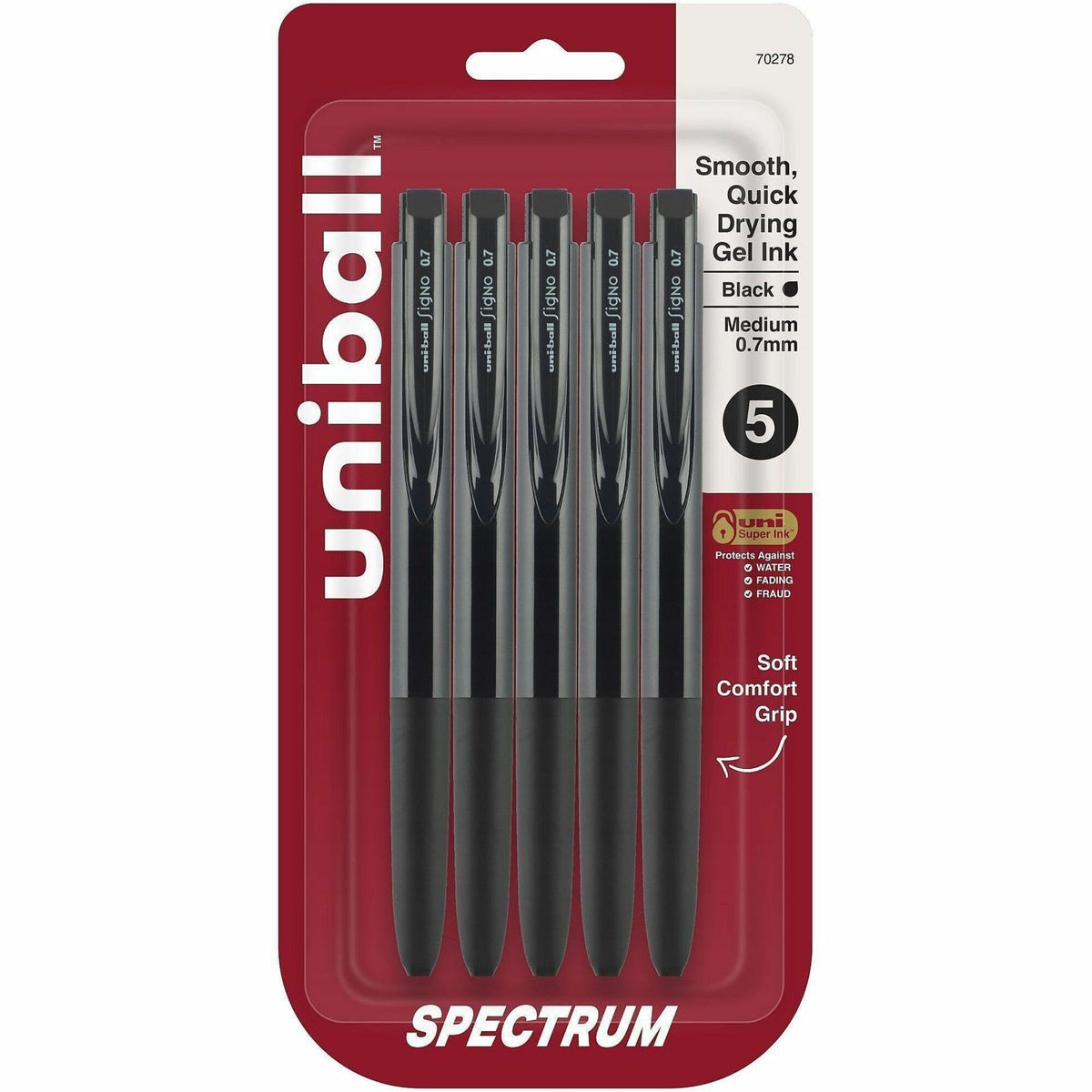 uniball&#8482; Spectrum Gel Pen - 0.7 mm Medium Pen Point - Refillable - Retractable - Multicolor Ink - Pigment-based, Gel-based - Black Plastic, Rubberized Barrel - 5 / Pack