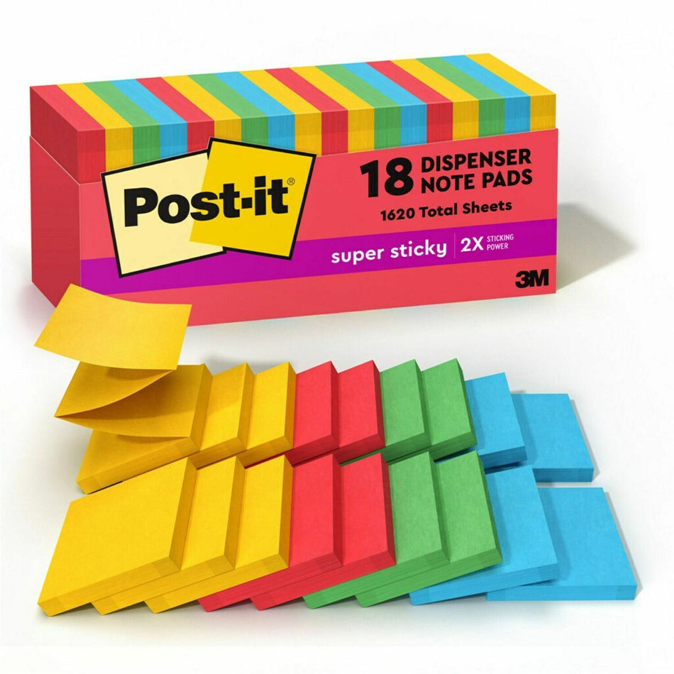 Post-it® Super Sticky Dispenser Notes - Playful Primaries Color Collection - 3" Flag/Note Width x 3" Flag/Note Length - Square - Candy Apple Red, Blue Paradise, Sunnyside, Lucky Green - Paper - Pop-up, Recyclable - 18 / Pack