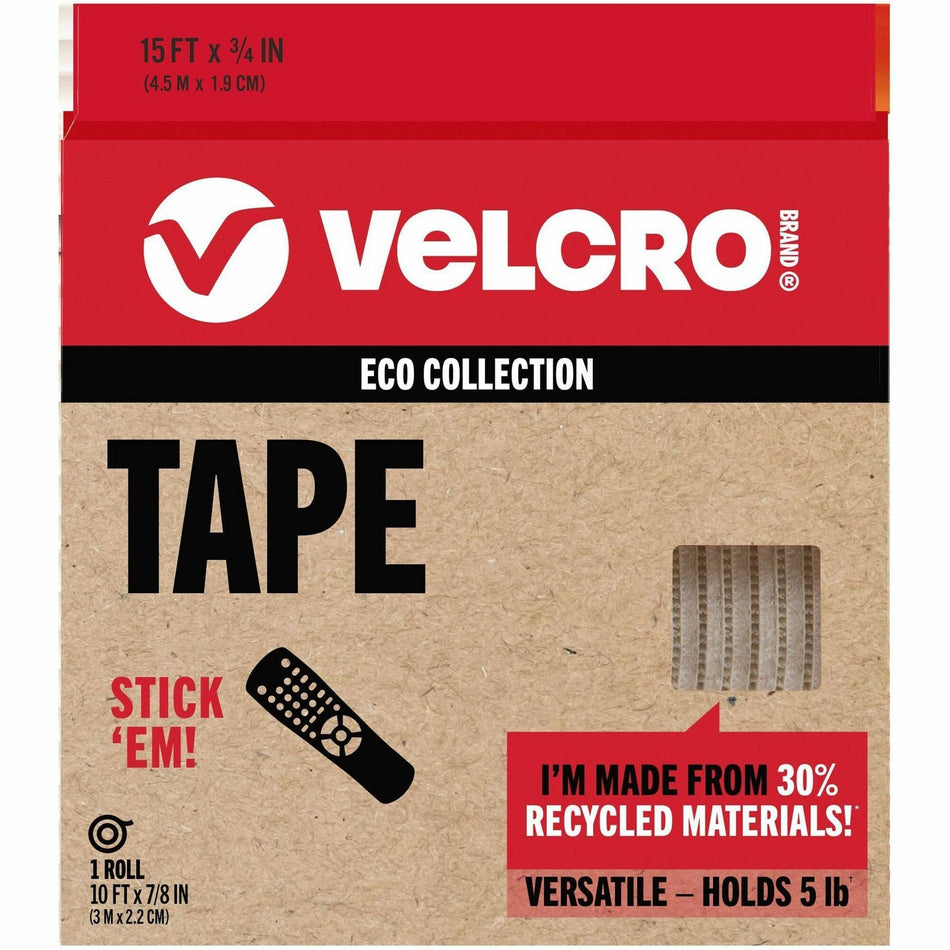 VELCRO®  Eco Collection Adhesive Backed Tape - 10 ft Length x 0.88" Width - White - 1 Each