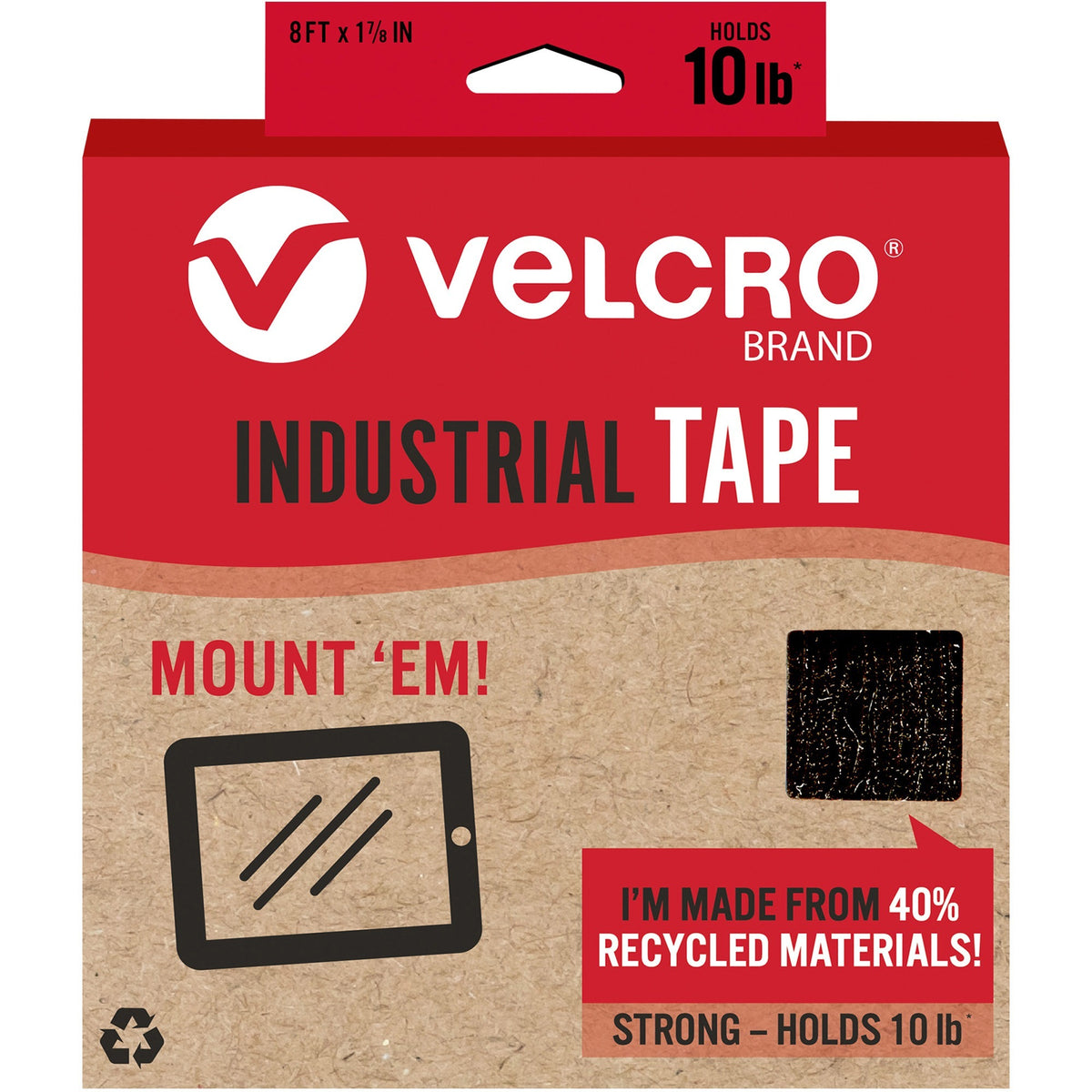 VELCRO®  Eco Collection Adhesive Backed Tape - 8 ft Length x 1.88" Width - Black - 1 Each