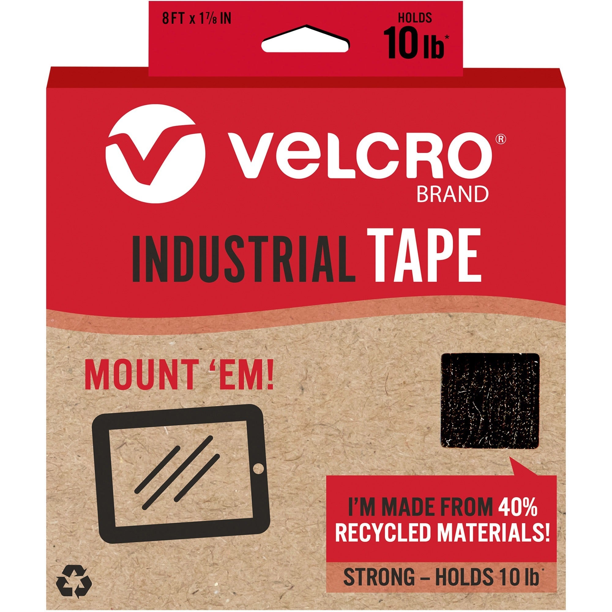 VELCRO®  Eco Collection Adhesive Backed Tape - 8 ft Length x 1.88" Width - Black - 1 Each