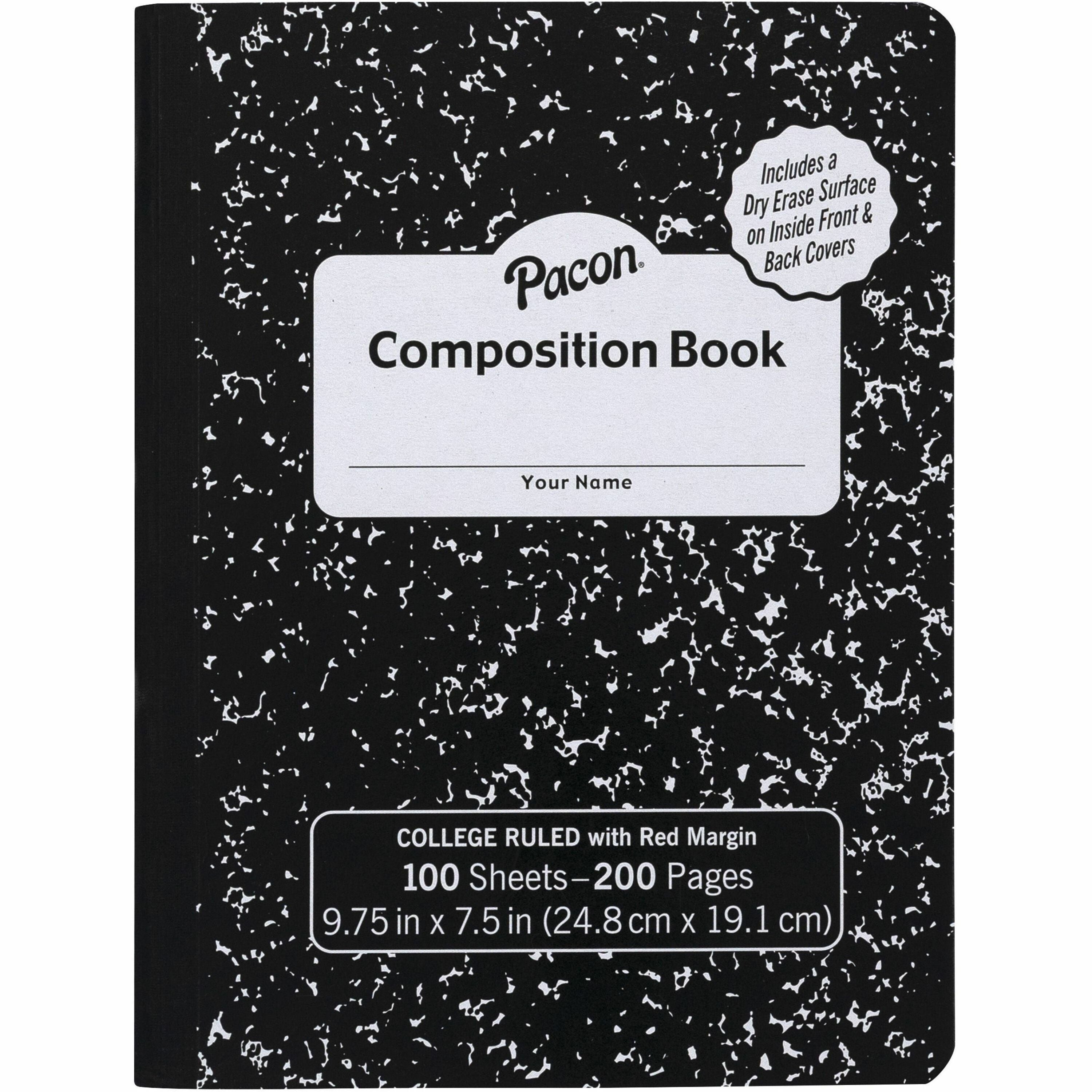 Pacon Marble Hard Cover College Rule Composition Book - 100 Sheets - 200 Pages - College Ruled Front Ruling - Red Margin - 9.75" Height x 7.5" Width - Black Marble Cover - Recyclable, Hard Cover - 1 Each