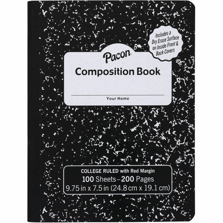 Pacon Marble Hard Cover College Rule Composition Book - 100 Sheets - 200 Pages - College Ruled Front Ruling - Red Margin - 9.75" Height x 7.5" Width - Black Marble Cover - Recyclable, Hard Cover - 1 Each