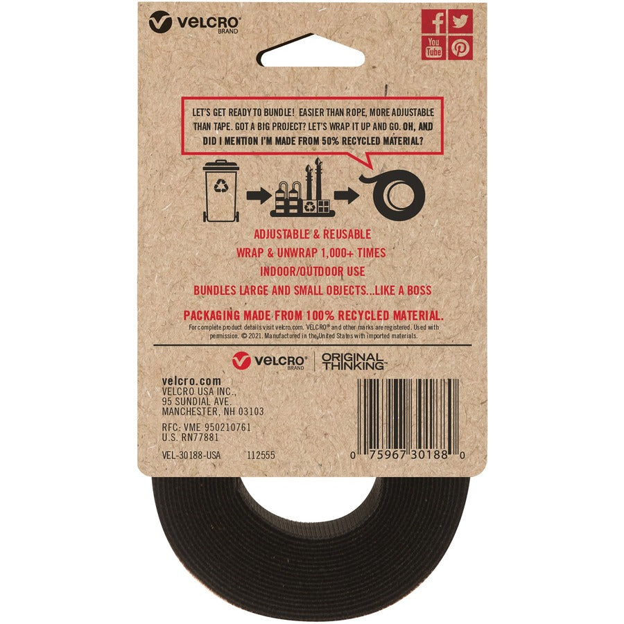 VELCRO®  Strap,Adjustable,Reusable,Recycled,1"x10',Black - Cable Strap - Black - 1 Each