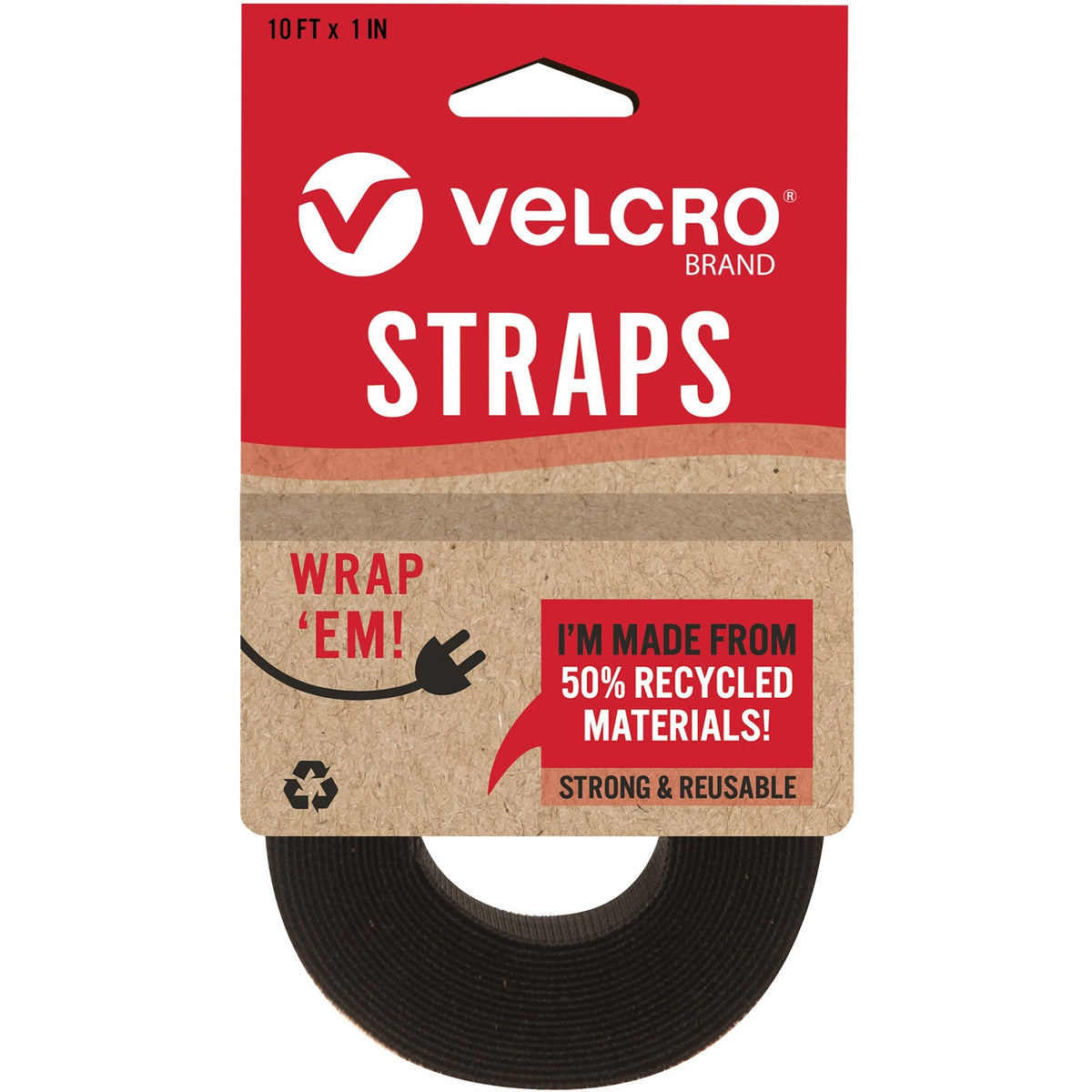 VELCRO®  Strap,Adjustable,Reusable,Recycled,1"x10',Black - Cable Strap - Black - 1 Each