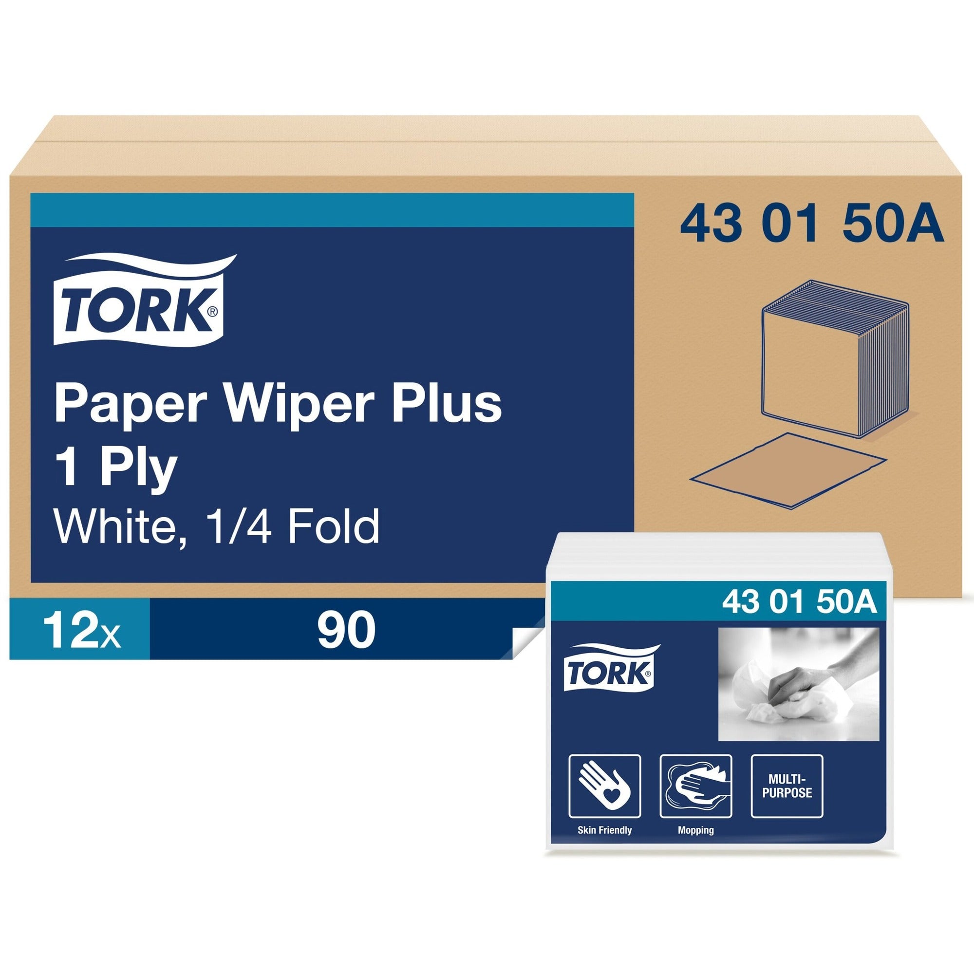 TORK Paper Wiper Plus White Self Dispensing - 1 Ply - Quarter-fold - 12.50" Width x 13" Length - White - Paper - 90/Pack - 12 / Carton