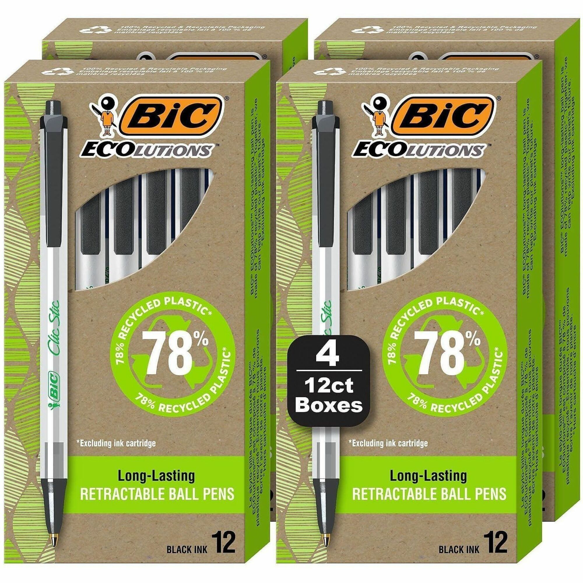 BIC Ecolutions Clic Stic Ballpoint Pen - 1 mm Medium Pen Point - Retractable - Black Ink - Semi Clear Barrel - 48 / Pack