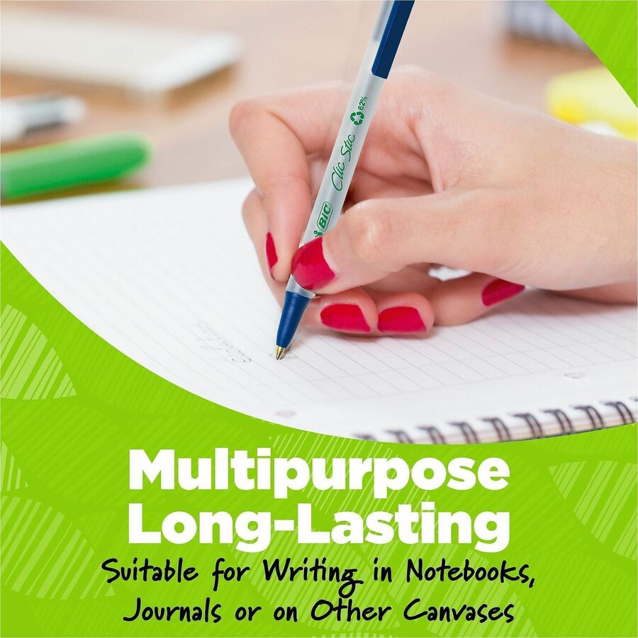 BIC Ecolutions Clic Stic Ballpoint Pen - 1 mm Medium Pen Point - Retractable - Blue Ink - Semi Clear Barrel - 48 / Pack