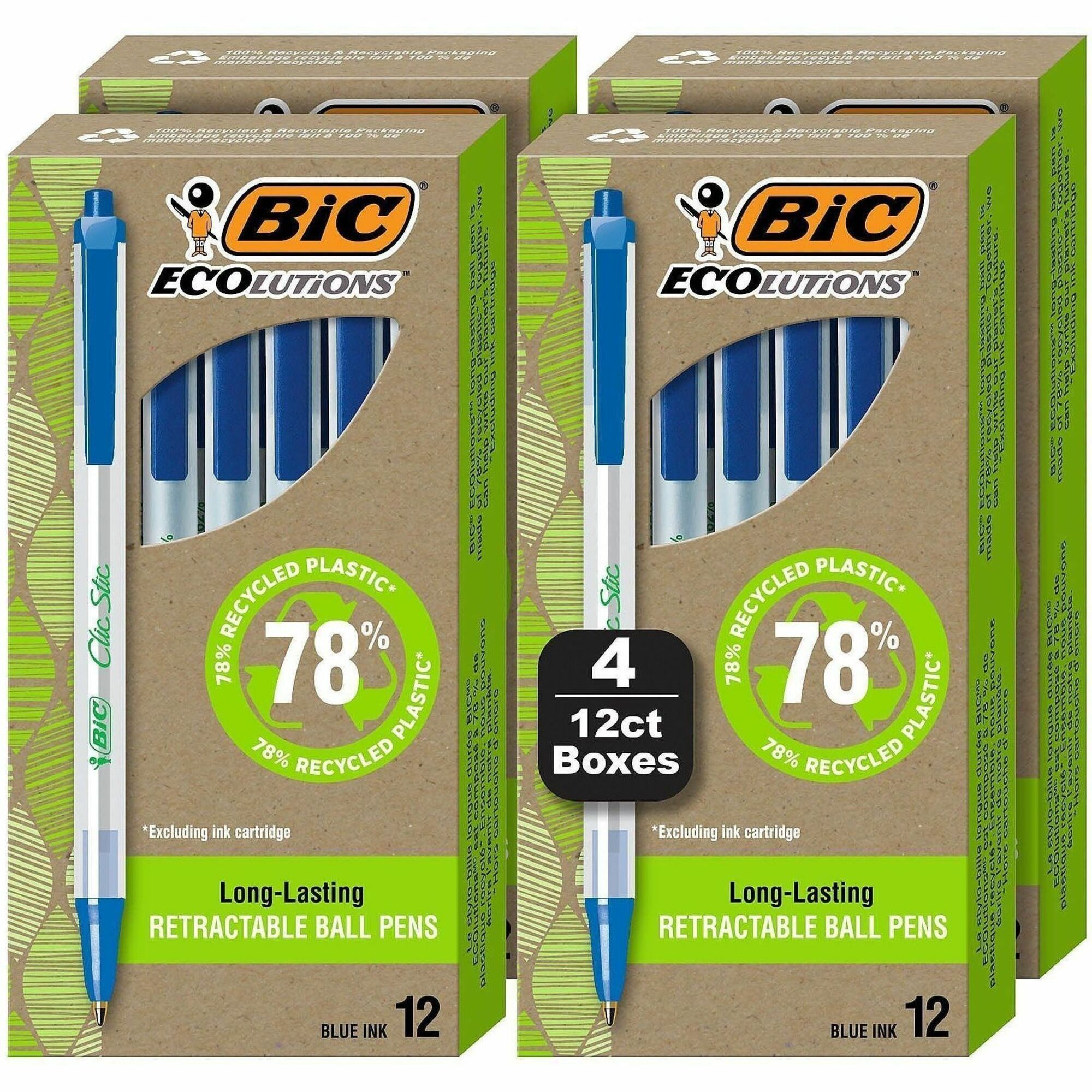 BIC Ecolutions Clic Stic Ballpoint Pen - 1 mm Medium Pen Point - Retractable - Blue Ink - Semi Clear Barrel - 48 / Pack