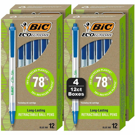 BIC Ecolutions Clic Stic Ballpoint Pen - 1 mm Medium Pen Point - Retractable - Blue Ink - Semi Clear Barrel - 48 / Pack