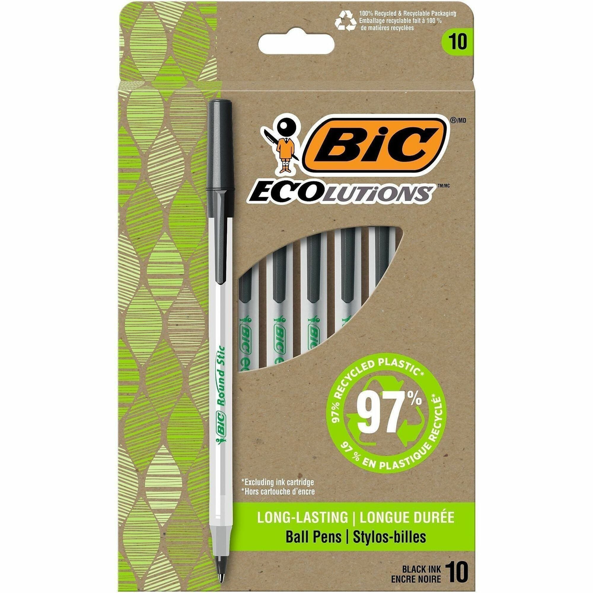 BIC Ecolutions Round Stic Ball Point Pen - 1 mm Medium Pen Point - Black Ink - Semi-transparent Barrel - 10 / Pack