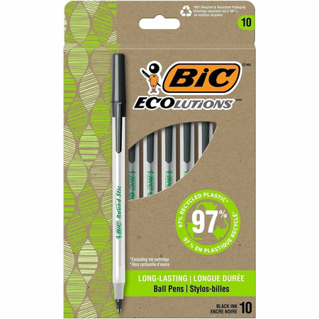 BIC Ecolutions Round Stic Ball Point Pen - 1 mm Medium Pen Point - Black Ink - Semi-transparent Barrel - 10 / Pack