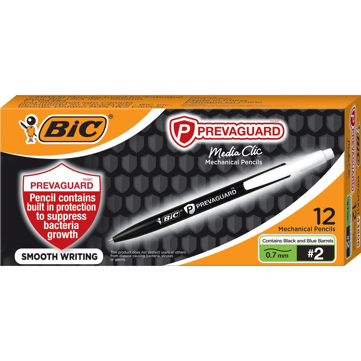 BIC Antimicrobial Mechanical Pencils - 0.7 mm Black Lead - #2 - Blue Plastic, Black Barrel - 1 Dozen