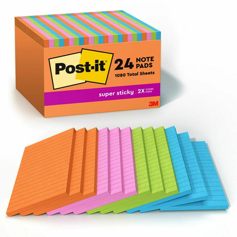 Post-it® Super Sticky Notes - Energy Boost Color Collection - 4" Flag/Note Width x 6" Flag/Note Length - Rectangle - 45 Sheets per Pad - Vital Orange, Tropical Pink, Blue Paradise, Limeade - Sticky - 24 / Pack