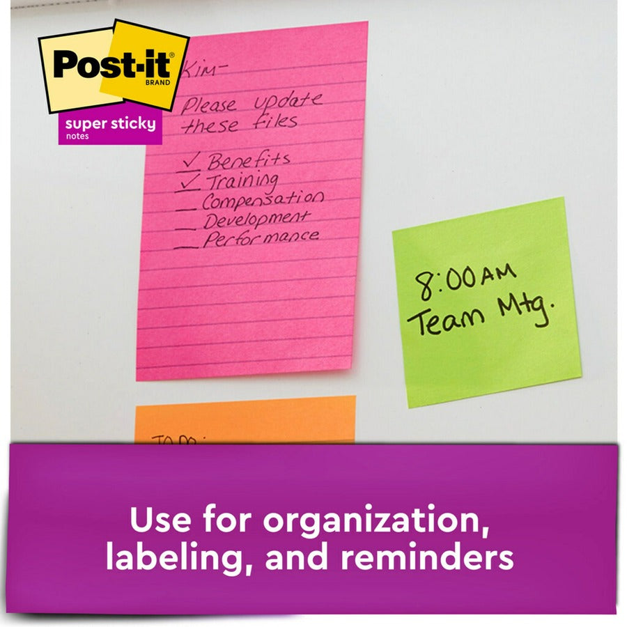 Post-it® Super Sticky Notes - Supernova Neons Color Collection - 4" Flag/Note Width x 6" Flag/Note Length - Rectangle - 45 Sheets per Pad - Blue, Green, Pink, Lilac - Sticky - 24 / Pack
