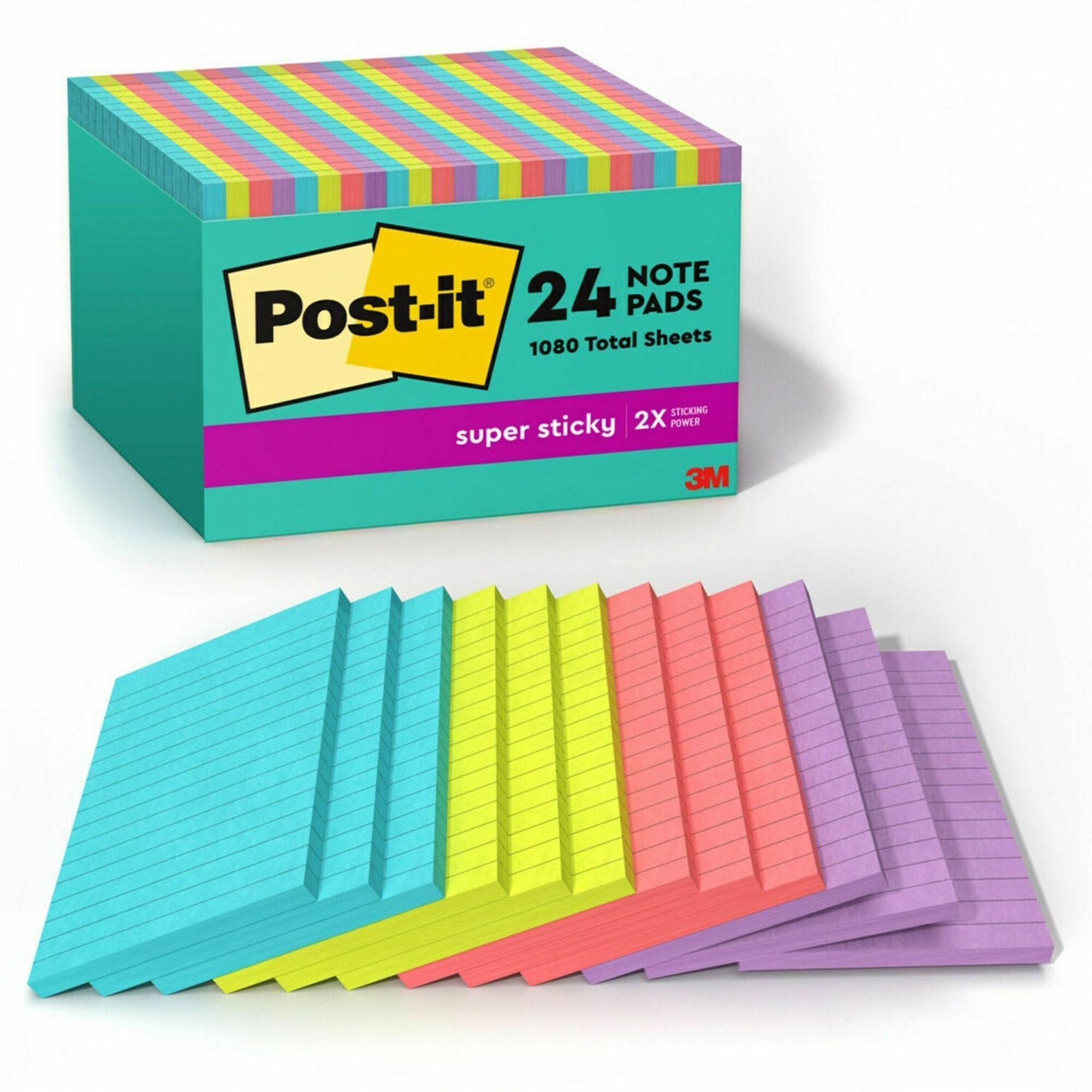 Post-it® Super Sticky Notes - Supernova Neons Color Collection - 4" Flag/Note Width x 6" Flag/Note Length - Rectangle - 45 Sheets per Pad - Blue, Green, Pink, Lilac - Sticky - 24 / Pack