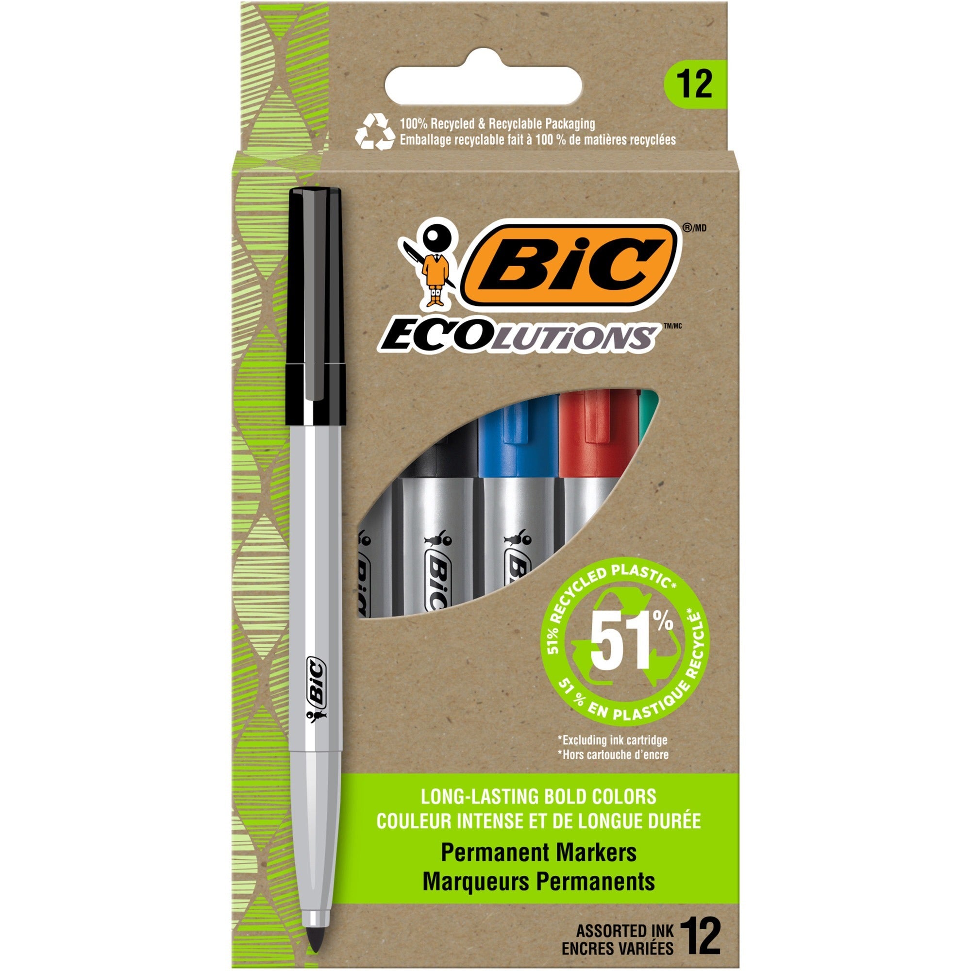 BIC Ecolutions Permanent Marker - 4.2 mm Bullet Marker Point - Blue, Green, Black, Red Ink - 1 Dozen