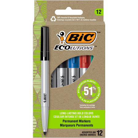 BIC Ecolutions Permanent Marker - 4.2 mm Bullet Marker Point - Blue, Green, Black, Red Ink - 1 Dozen