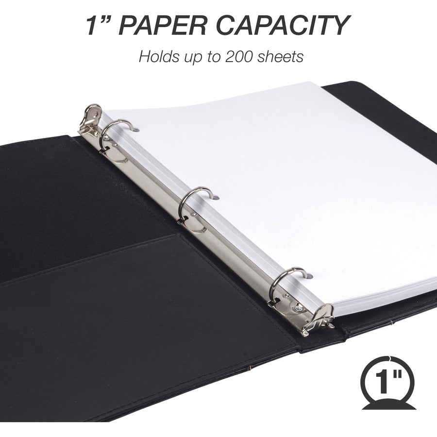 Samsill Contrast Stitch Leather Ring Binder - 1" Binder Capacity - Letter - 8 1/2" x 11" Sheet Size - 200 Sheet Capacity - Fastener(s): Round Ring - Pocket(s): 2, Internal - Bonded Leather, LeatherGrain - Black - Durable, Spine, Rivet - 1 Each