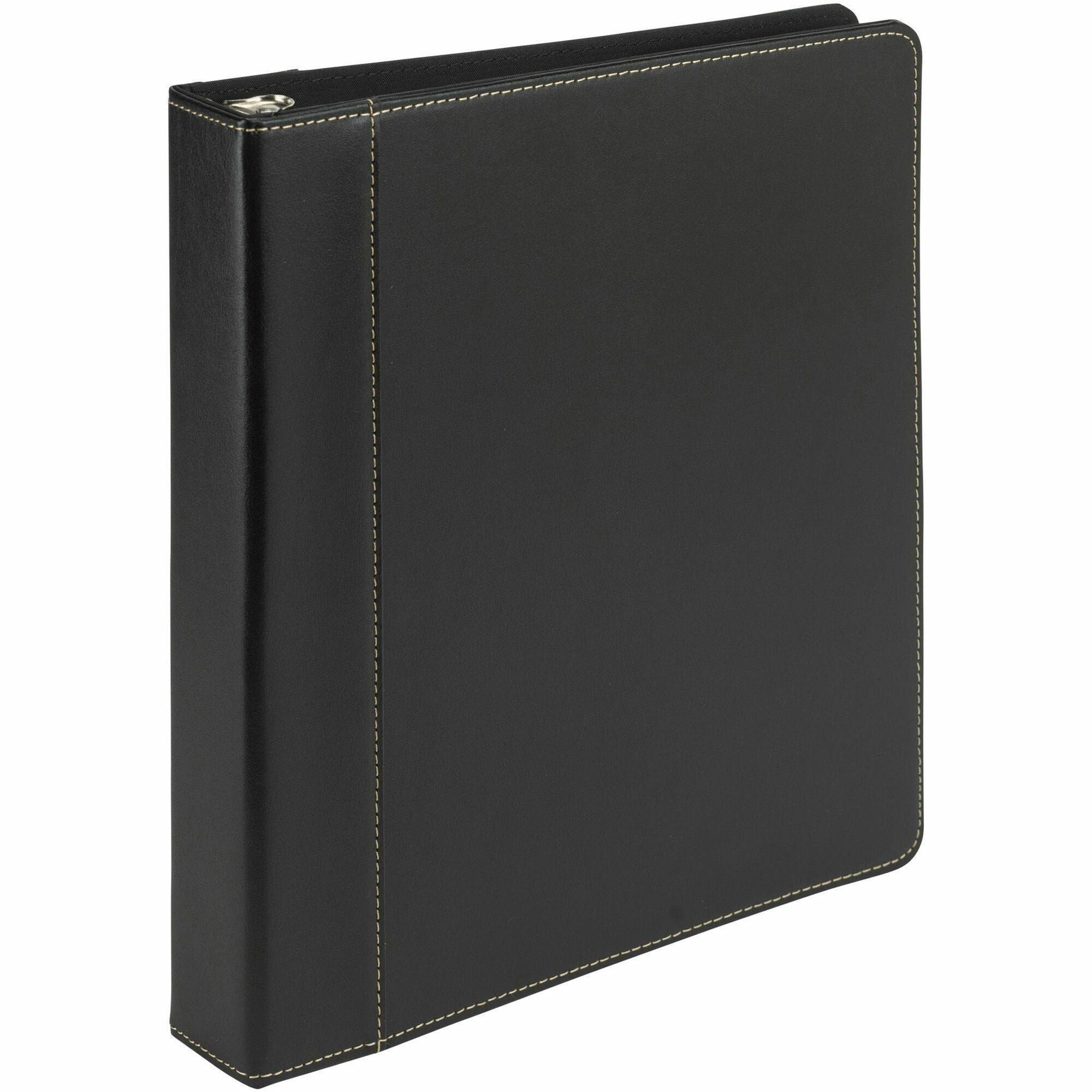 Samsill Contrast Stitch Leather Ring Binder - 1" Binder Capacity - Letter - 8 1/2" x 11" Sheet Size - 200 Sheet Capacity - Fastener(s): Round Ring - Pocket(s): 2, Internal - Bonded Leather, LeatherGrain - Black - Durable, Spine, Rivet - 1 Each