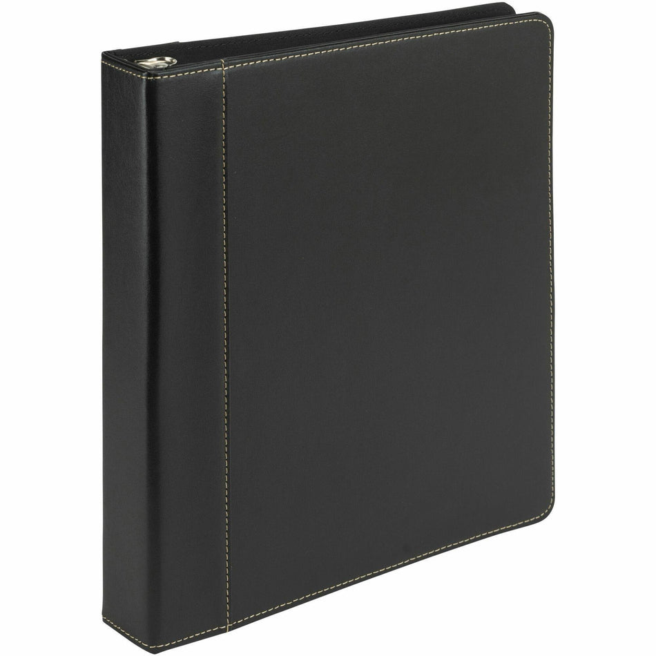 Samsill Contrast Stitch Leather Ring Binder - 1" Binder Capacity - Letter - 8 1/2" x 11" Sheet Size - 200 Sheet Capacity - Fastener(s): Round Ring - Pocket(s): 2, Internal - Bonded Leather, LeatherGrain - Black - Durable, Spine, Rivet - 1 Each