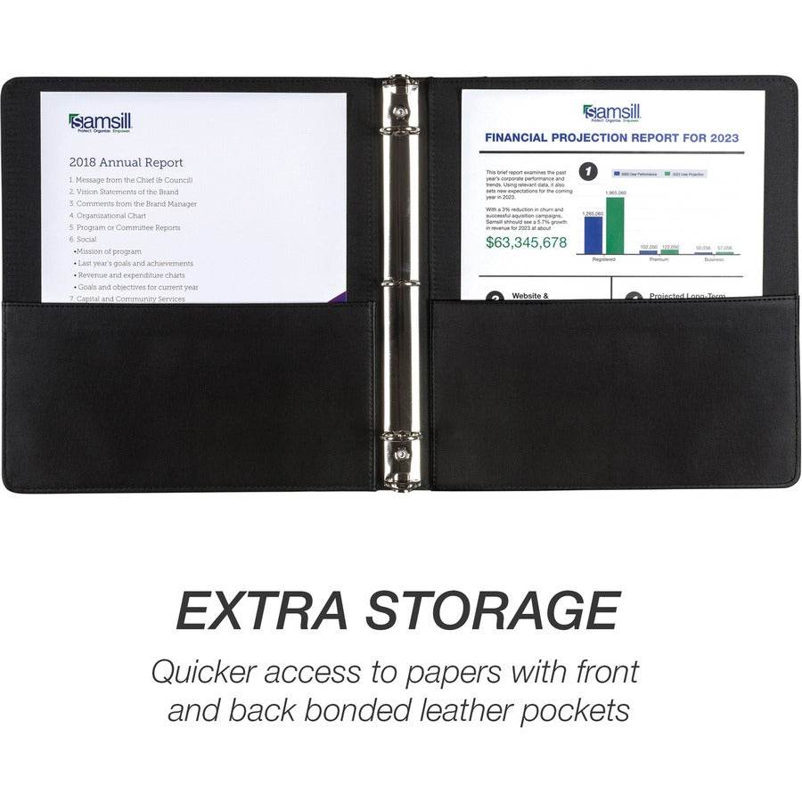 Samsill Contrast Stitch Leather Ring Binder - 1" Binder Capacity - Letter - 8 1/2" x 11" Sheet Size - 200 Sheet Capacity - Fastener(s): Round Ring - Pocket(s): 2, Internal - Bonded Leather, LeatherGrain - Black - Durable, Spine, Rivet - 1 Each