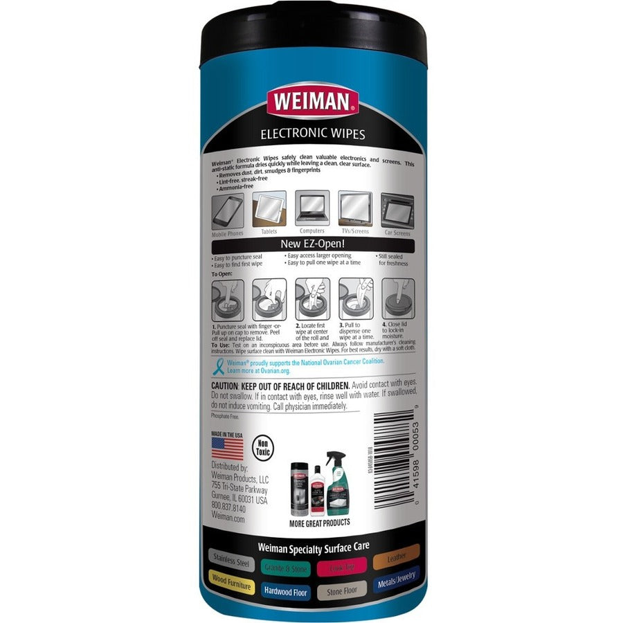 Weiman E-Tronic Wipes - For TV, Keyboard, Monitor, Notebook, Smartphone, Tablet, Electronics, Plasma Display, LCD - Streak-free, Lint-free, Ammonia-free, Anti-static, Pre-moistened - White - 30/Tub - 4 / Carton