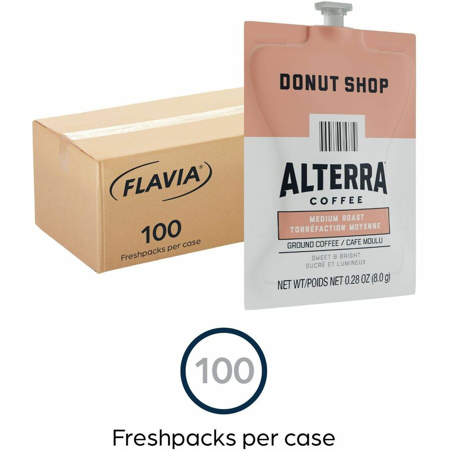 Alterra Freshpack Donut Shop Coffee - Compatible with Flavia Aroma, Flavia Barista, FLAVIA Creation 600, Flavia Creation 500, Flavia Creation 200, Flavia Creation 150, Flavia Creation 300 - Medium - Freshpack - Donut Shop Blend - 100 / Carton