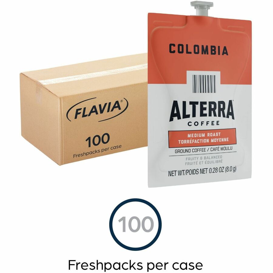 Alterra Freshpack Colombia Coffee - Compatible with Flavia Aroma, Flavia Barista, FLAVIA Creation 600, Flavia Creation 500, Flavia Creation 200, Flavia Creation 150, Flavia Creation 300 - Medium - Freshpack - 100 / Carton