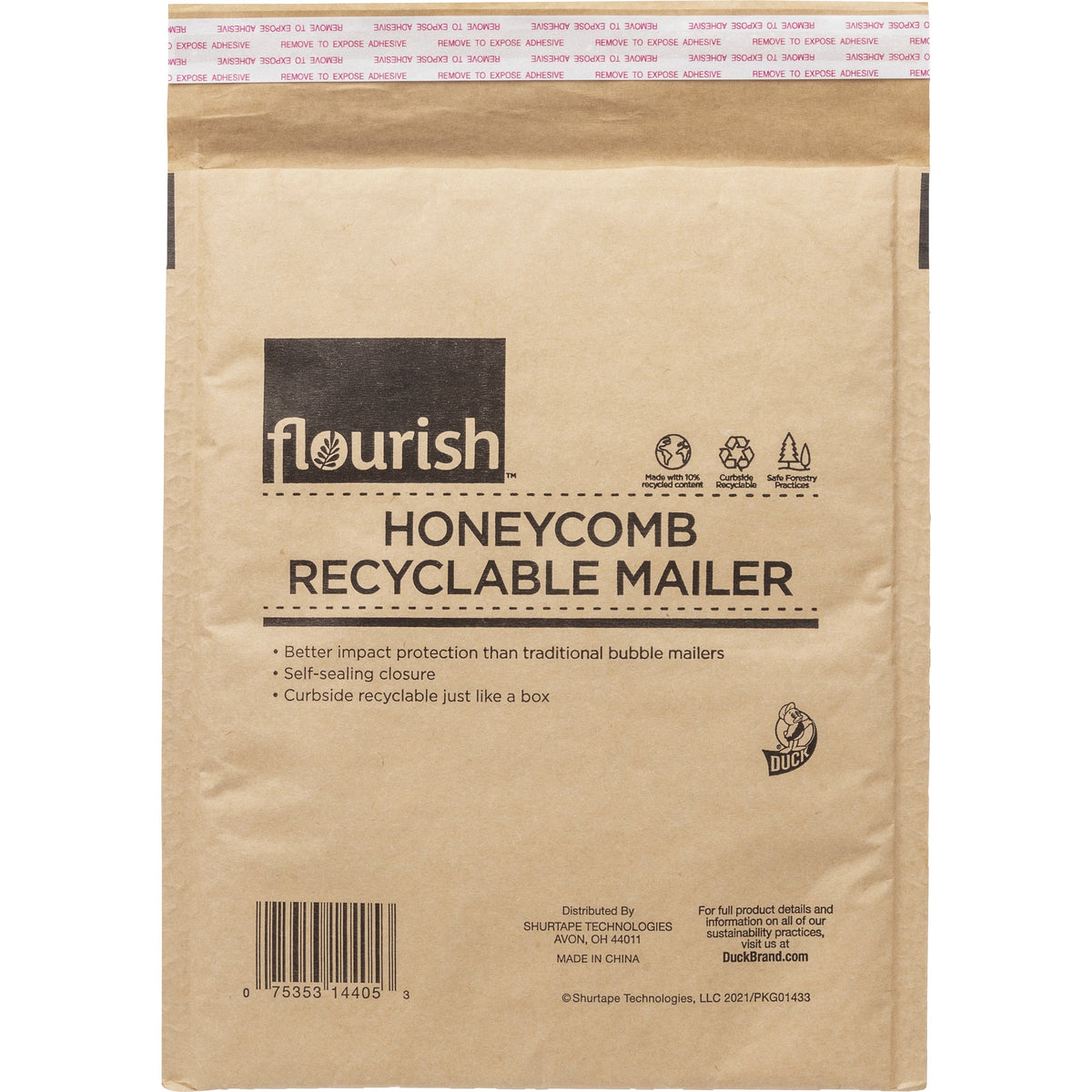 Duck Brand Flourish Honeycomb Recyclable Mailers - Mailing/Shipping - 8 4/5" Width x 10 45/64" Length - Seal - Brown - 1 Each
