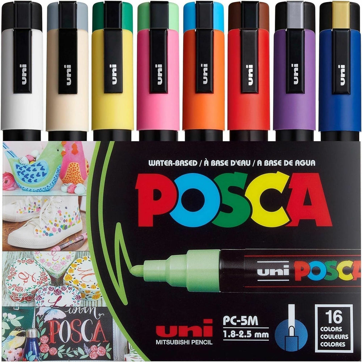 uniball&#8482; Posca PC-5M Paint Markers - Medium, Bullet Marker Point - Beige, Black, Blue, Brown, Gold, Green, Gray, Light Blue, Light Green, Orange, Pink, ... Ink - Water Based, Pigment-based - 16 / Pack