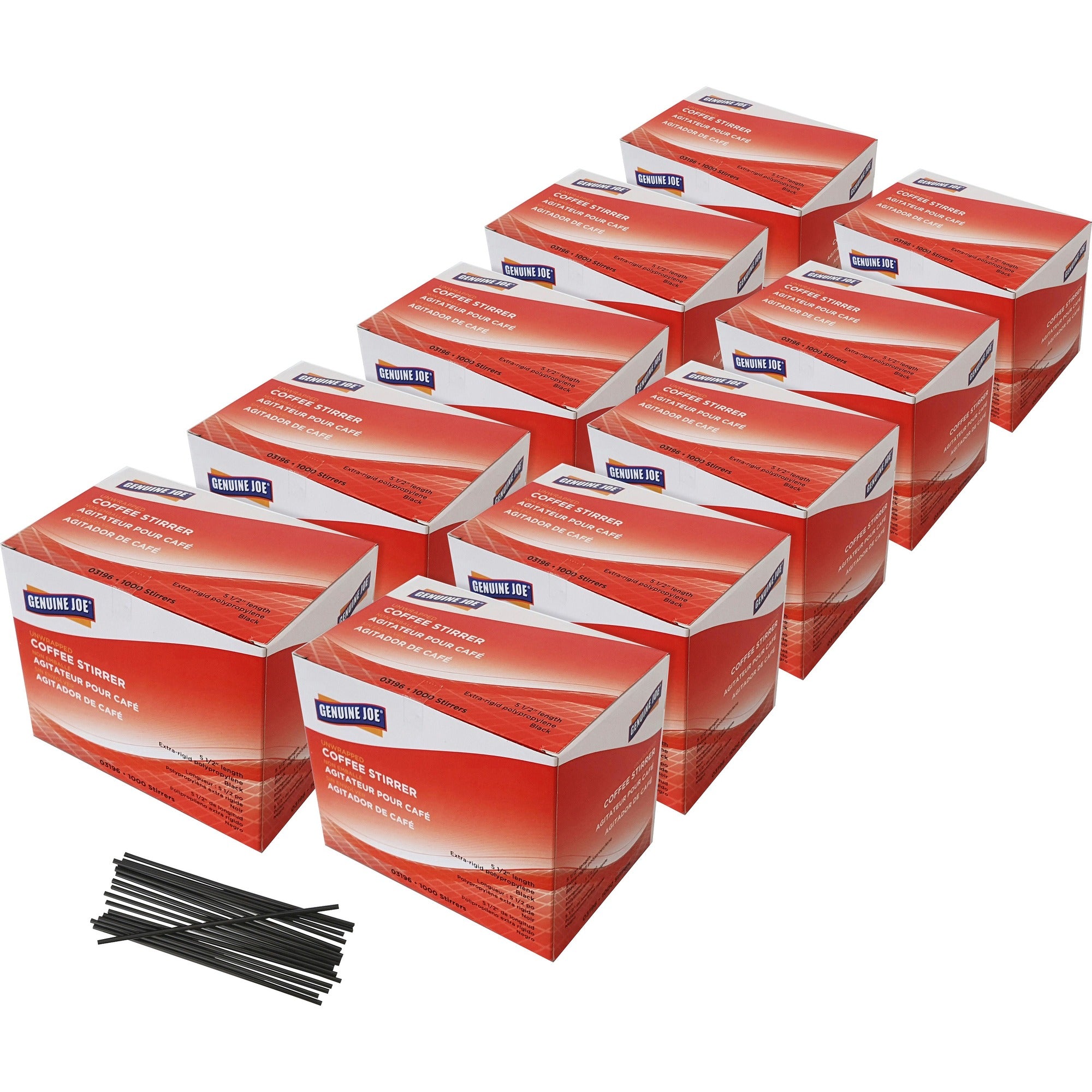 Genuine Joe Plastic Stirrers - 5.5" Length - Plastic, Polypropylene - Black - 1000/Box - 10 / Carton