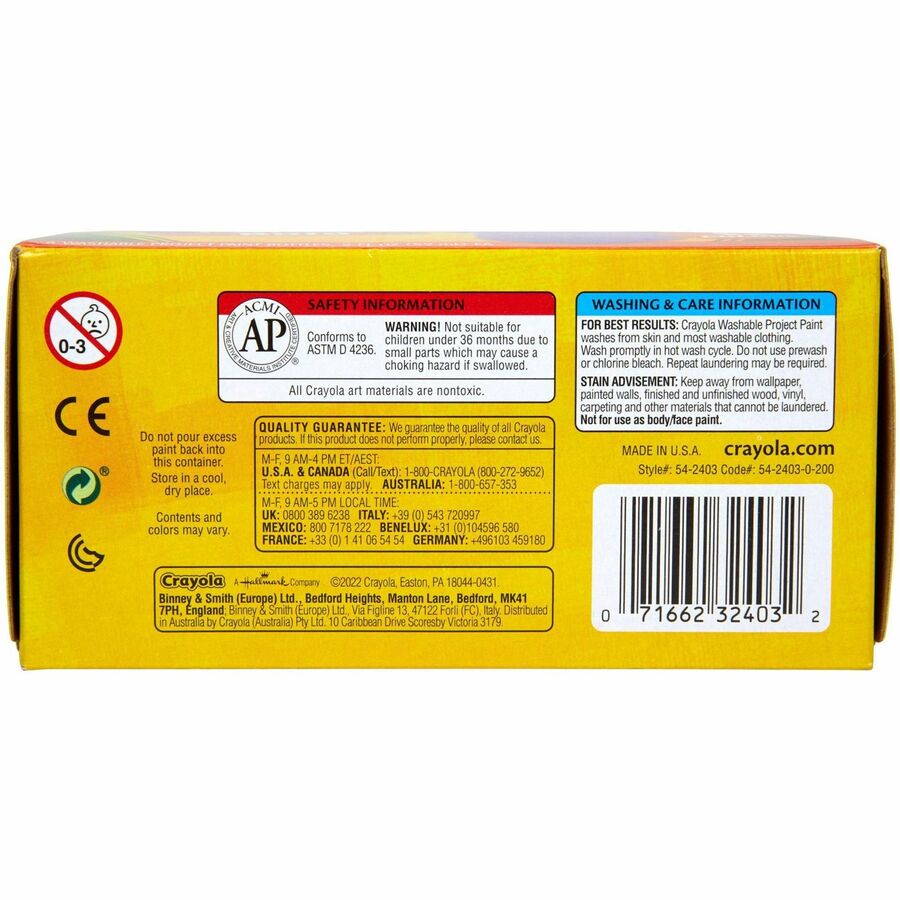 Crayola Washable Project Paint - 6 Color(s) - Yellow, Green, Yellow Orange, Red Orange, Fuchsia, Blue, Violet, Teal - Washable - 6 / Pack