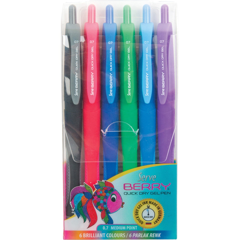 So-Mine Serve Berry Quick Dry Retract Gel Ink Pen - 0.7 mm Medium Pen Point - Retractable - Black, Blue, Red, Dark Blue, Purple, Green Ink - Gel-based - Black, Blue, Red, Dark Blue, Purple, Green Barrel - 6 / Pack