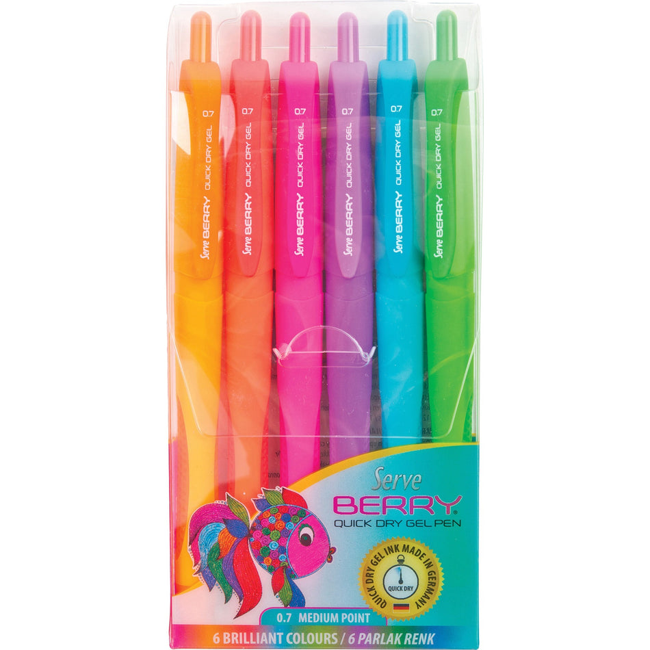 So-Mine Serve Berry Quick Dry Retract Gel Ink Pen - 0.7 mm Medium Pen Point - Retractable - Orange, Red, Pink, Turquoise, Lilac, Light Green Ink - Gel-based - Orange, Red, Pink, Turquoise, Lilac, Light Green Barrel - 6 / Pack