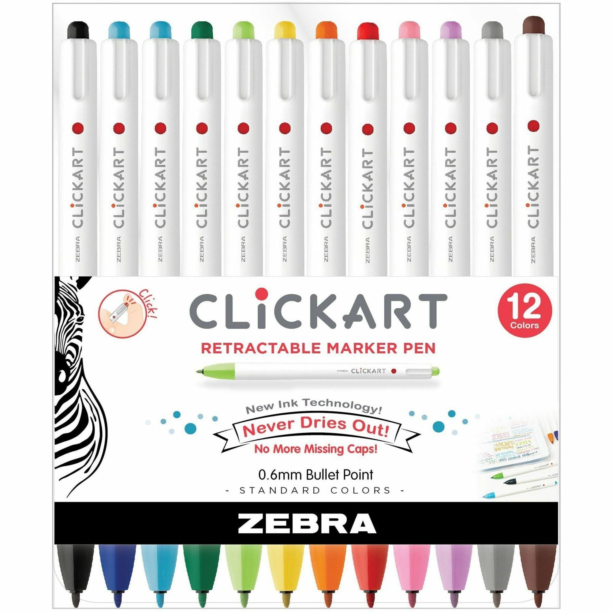 Zebra Pen ClickArt Retractable Markers Bullet Tip Assorted Colours 12/pkg - 0.6 mm Fine Bullet Marker Point - Retractable - Assorted Ink - Water Based - 12 / Pack