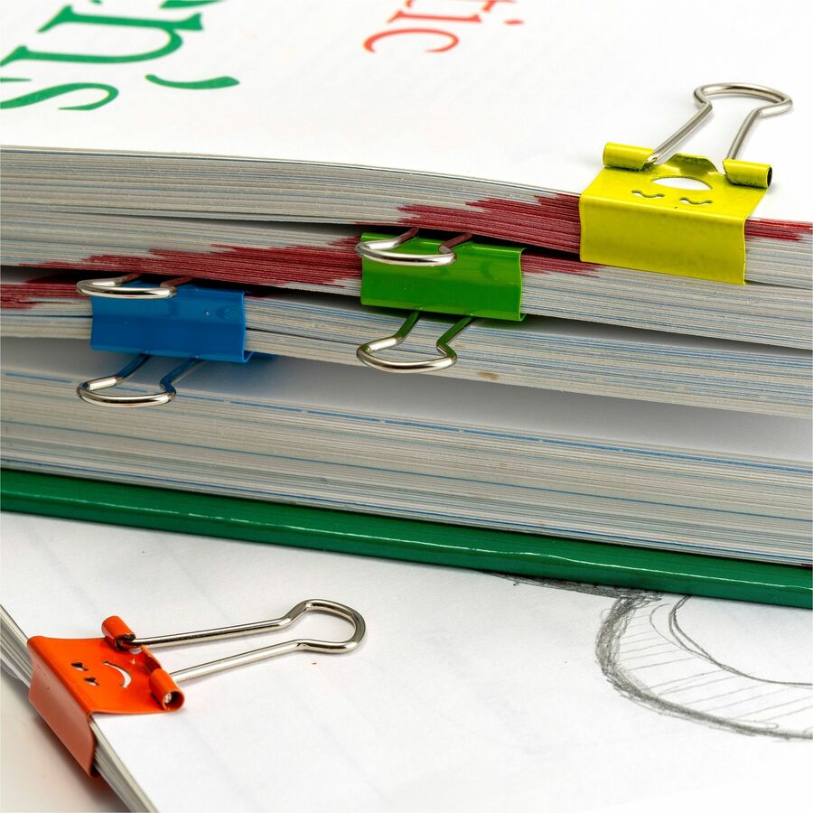 Officemate Smiling Face Binder Clips, Small, Asst Color, 42 Pcs - Small - 2.9" Length x 0.8" Width - 0.38" Size Capacity - Foldable, Removable Handle - Assorted, Green, Blue, Yellow, Red - Steel - 42 Piece