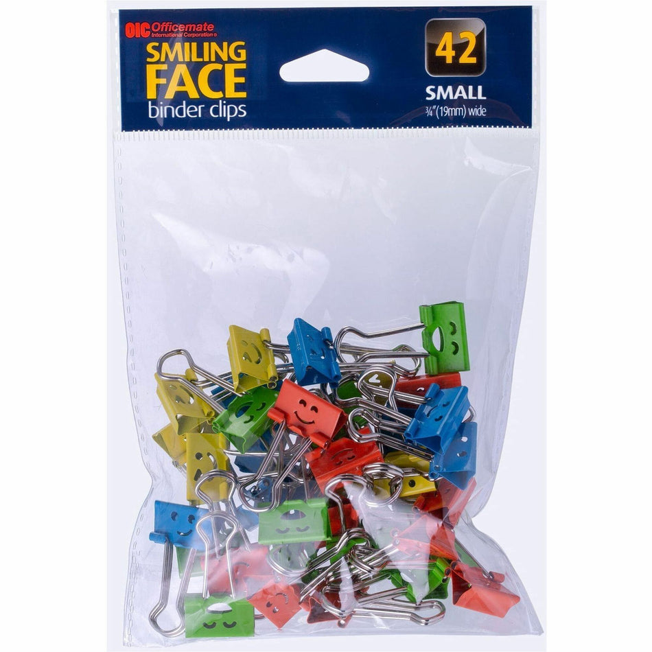 Officemate Smiling Face Binder Clips, Small, Asst Color, 42 Pcs - Small - 2.9" Length x 0.8" Width - 0.38" Size Capacity - Foldable, Removable Handle - Assorted, Green, Blue, Yellow, Red - Steel - 42 Piece